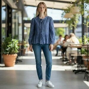 KIRUNDO Eyelet Tie Front Blouse Women Small Blue Cotton Cottagecore Peplum Top